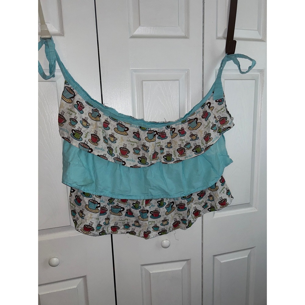 Vintage Style Coffee Latte Print Ruffled Half Apron Light Blue Barista Kitchen